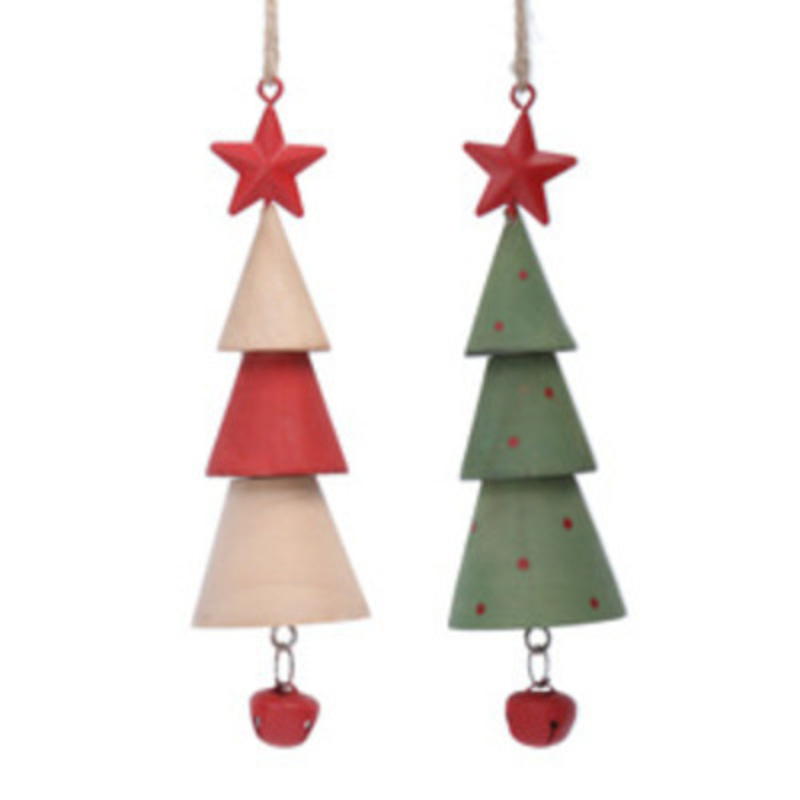 Hanging Wooden Christmas Tree With Bell Choice of 2 Gisela Graham These tiered wooden Christmas Trees hanging decorations come in 2 different designs.  Choose from natural or green tree. Both have a red start on the top and red bell at the bottom.  These Christmas decorations are perfect for hanging on the Christmas Tree. Made by London based designer Gisela Graham who designs really beautiful and unusual Christmas decorations and gifts for your home.Ê Would suit any Christmas tree and would make a lovely Christmas gift.ÊThese are sold indivually. If you have a preference please state when ordering otherwise we will select a design for you. if you purchase 2 trees we will send you one of each design.